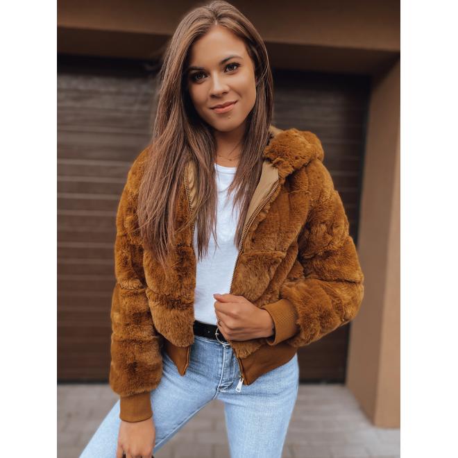 Hnedá kožušinová bunda s kapucňou pre dámy