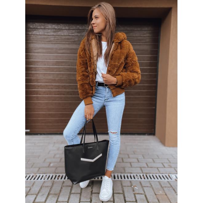 Hnedá kožušinová bunda s kapucňou pre dámy