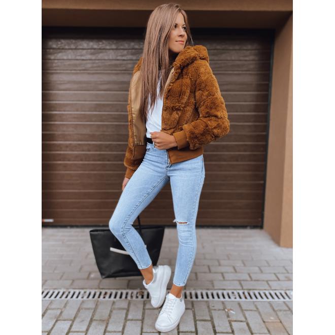 Hnedá kožušinová bunda s kapucňou pre dámy