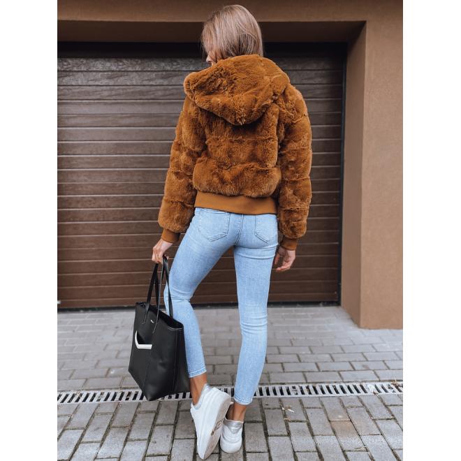 Hnedá kožušinová bunda s kapucňou pre dámy