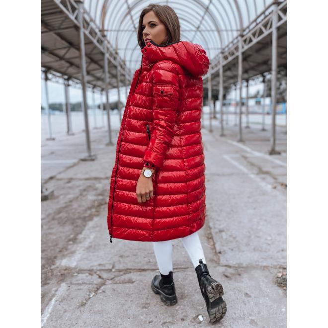 Červená dlhá prešívaná bunda s kapucňou pre dámy