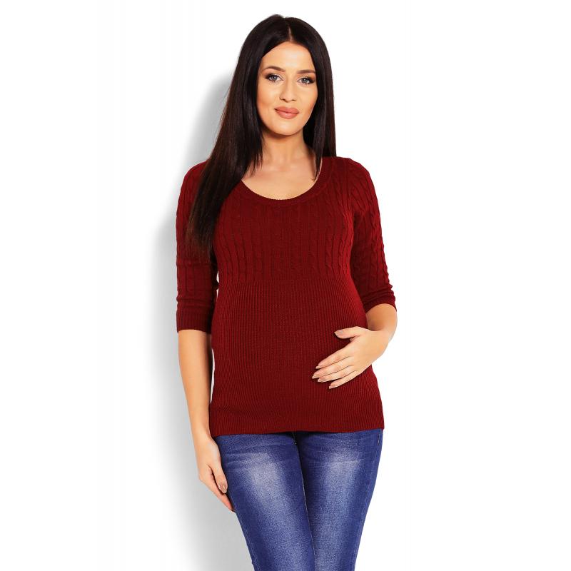 E-shop Bordový vypasovaný sveter s 3/4 rukávmi pre tehotné