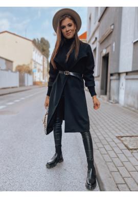 Čierny klasický kabát s opaskom pre dámy
