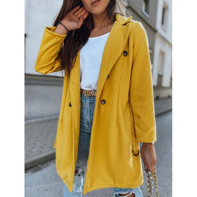 Dvojradový dámsky kabát žltej farby s opaskom