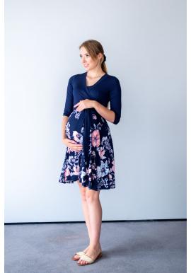 Modré šaty pre tehotné a dojčiace ženy s farebnými kvetmi