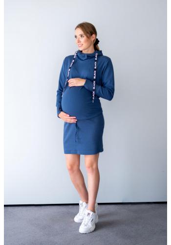 Modré mikinové tehotenské a dojčiace šaty s ozdobnými šnúrkami