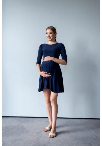 Tmavomodré šaty pre tehotné a dojčiace ženy s 3/4 rukávmi