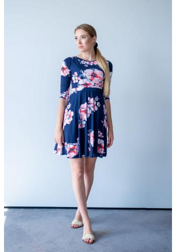 Modré kvetinové šaty pre tehotné a dojčiace ženy s 3/4 rukávmi