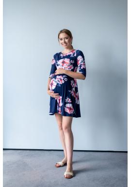 Modré kvetinové šaty pre tehotné a dojčiace ženy s 3/4 rukávmi