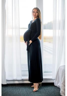 Dlhé čierne elegantné tehotenské šaty s mašľou