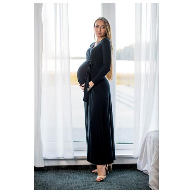 E-shop Dlhé čierne elegantné tehotenské šaty s mašľou