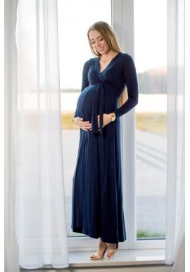 Dlhé tmavomodré elegantné tehotenské šaty s mašľou