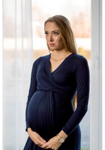 Dlhé tmavomodré elegantné tehotenské šaty s mašľou
