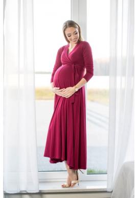 Dlhé bordové elegantné tehotenské šaty s mašľou