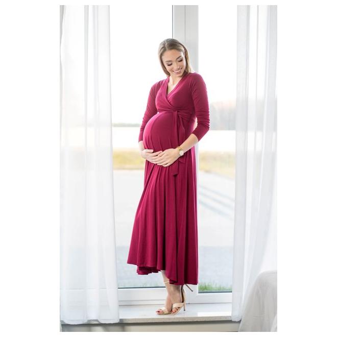 E-shop Dlhé bordové elegantné tehotenské šaty s mašľou