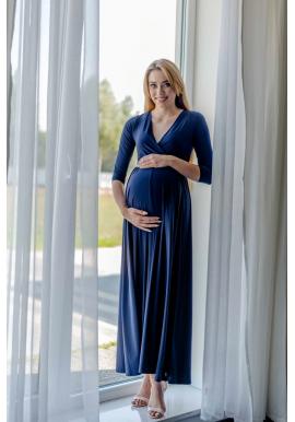 Dlhé tmavomodré elegantné tehotenské šaty