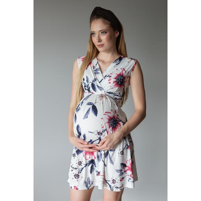 Biele kvetinové elegantné tehotenské a dojčiace šaty bez rukávov