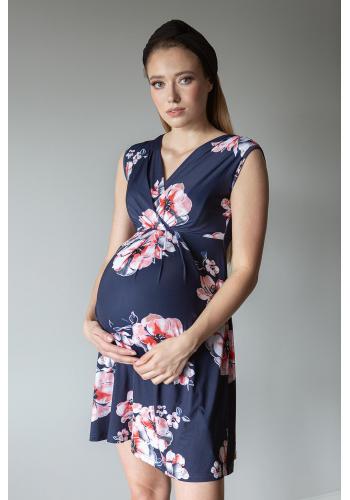 Tmavomodré kvetinové tehotenské a dojčiace šaty bez rukávov