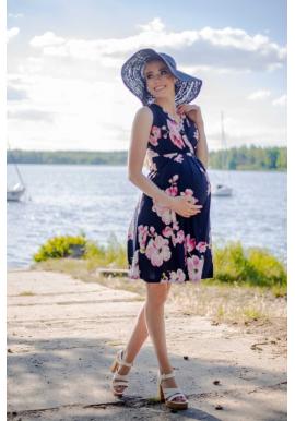 Tmavomodré tehotenské a dojčiace šaty s ružovými kvetmi