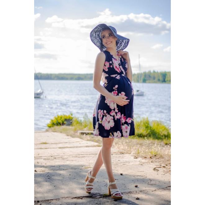 Tmavomodré tehotenské a dojčiace šaty s ružovými kvetmi