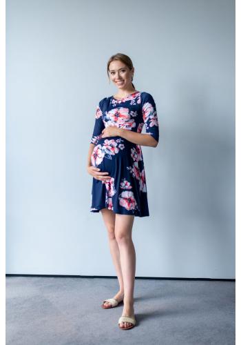 Modré kvetinové šaty pre tehotné a dojčiace ženy s 3/4 rukávmi vo výpredaji