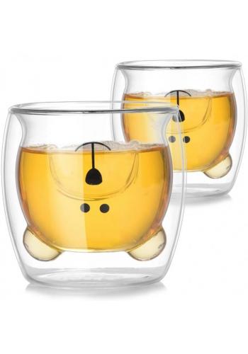 Sada dvoch dvojstenných sklenených pohárov v podobe medveďa