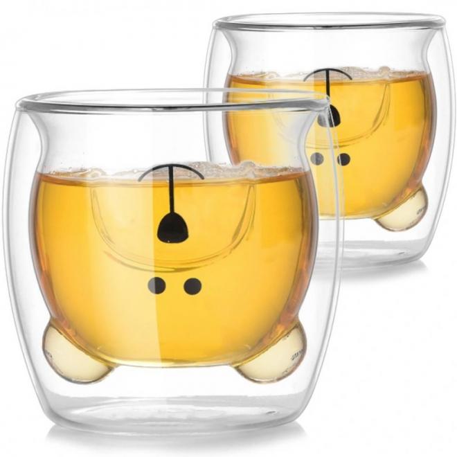 Sada dvoch dvojstenných sklenených pohárov v podobe medveďa