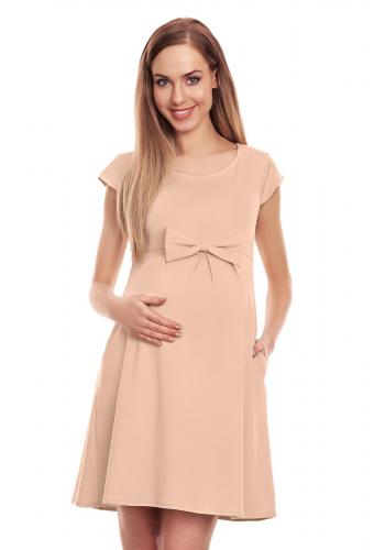 Béžové tehotenské elegantné rozšírené šaty s mašľou v zľave