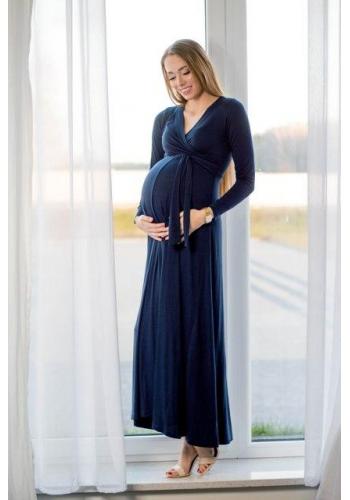 Dlhé tmavomodré elegantné tehotenské šaty s mašľou vo výpredaji
