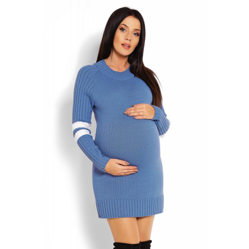 Sivé šaty s polorolákom a pruhmi na rukáve pre tehotné