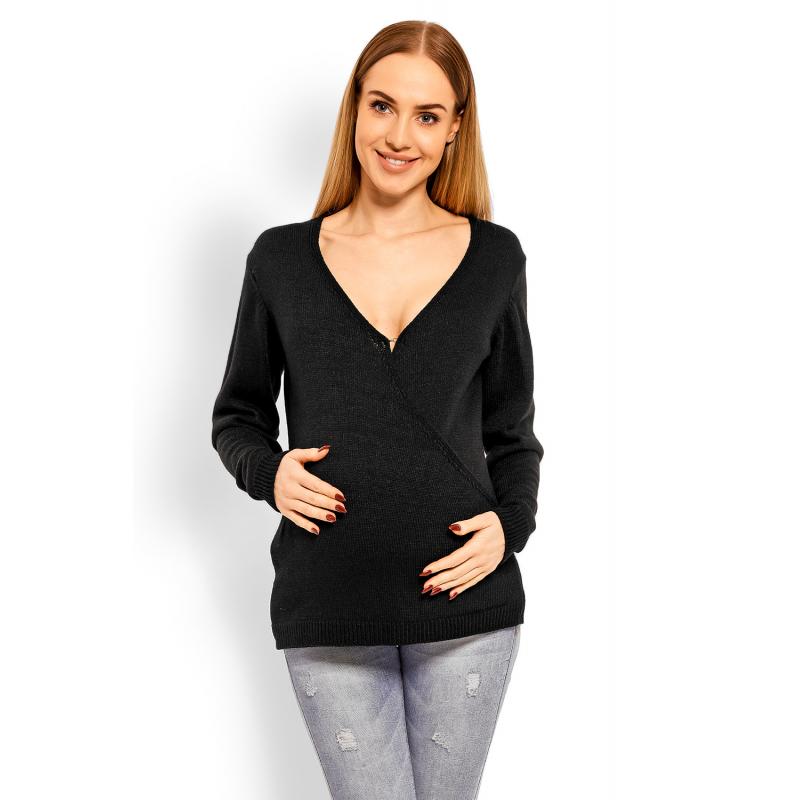 E-shop Čierny vlnený sveter s V výstrihom pre tehotné