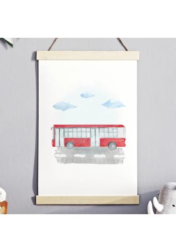 Biely plagát do detskej izby s motívom autobusu