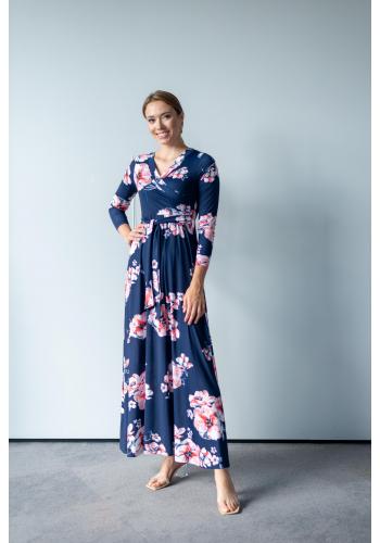 Elegantné dámske modré šaty s veľkými kvetmi