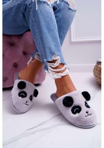 Svetlosivé kožušinové papuče s pandou pre dámy vo výpredaji