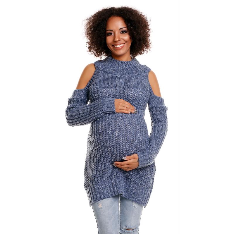 E-shop Modrý huňatý sveter s odhalenými ramenami pre tehotné