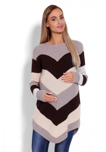 Tehotenský zaoblený dlhý sveter so šikmými pruhmi v cappuccinovej farbe