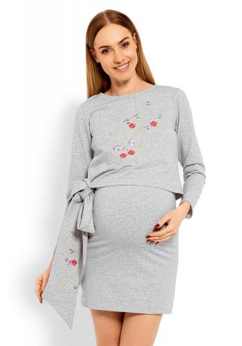 Sivé tehotenské a dojčiace šaty s vyšívanými kvetmi a mašľou