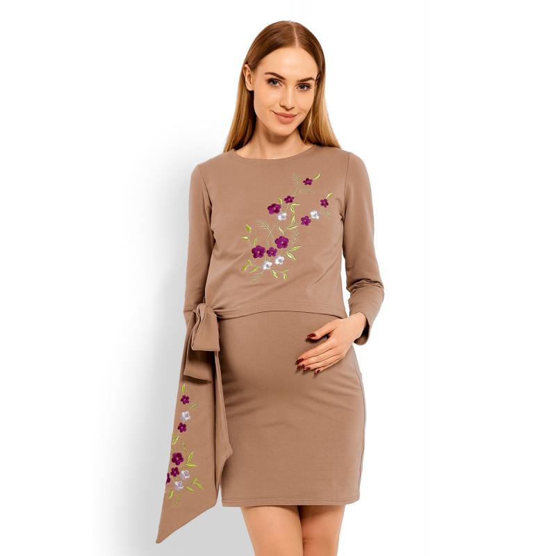 E-shop Cappuccinové tehotenské a dojčiace šaty s vyšívanými kvetmi a mašľou