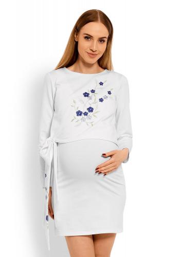 Biele tehotenské a dojčiace šaty s vyšívanými kvetmi a mašľou