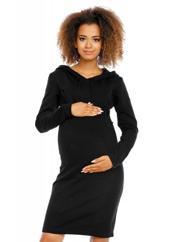 Čierne tehotenské a dojčiace šaty s kapucňou