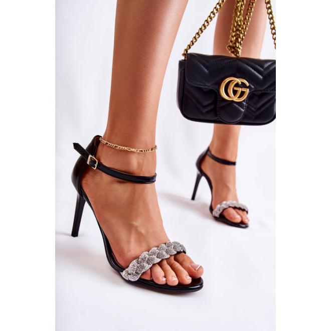 E-shop Kožené dámske sandále na podpätku so zirkónmi