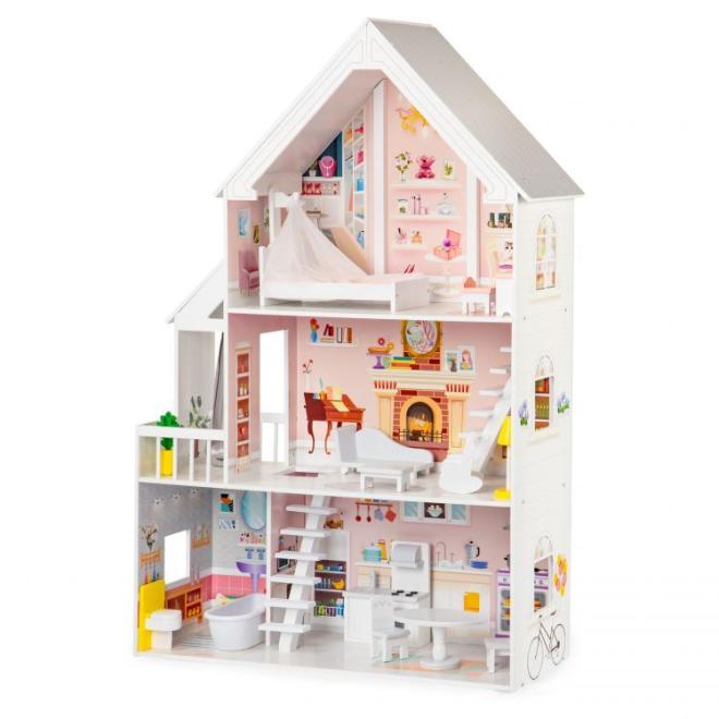 Ružovo-biely drevený domček pre bábiky