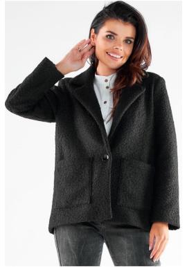Teplý čierny kabát so štvorcovými vreckami