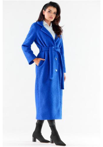 Modrý dlhý dámsky kabát s opaskom