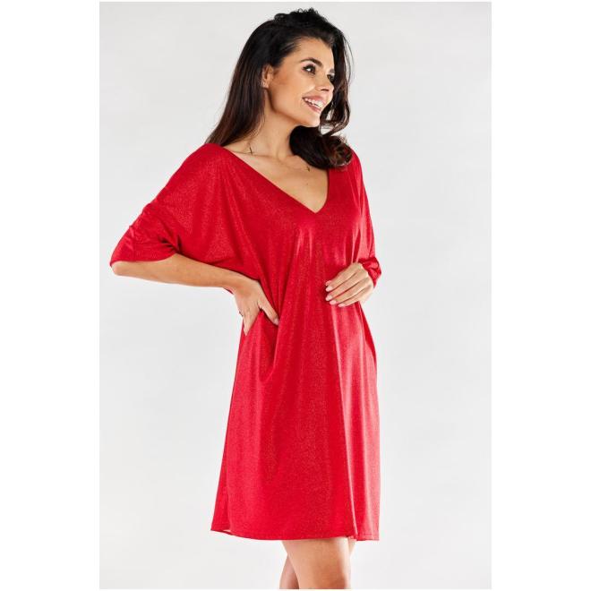 Dámske voľné červené šaty s véčkovým výstrihom