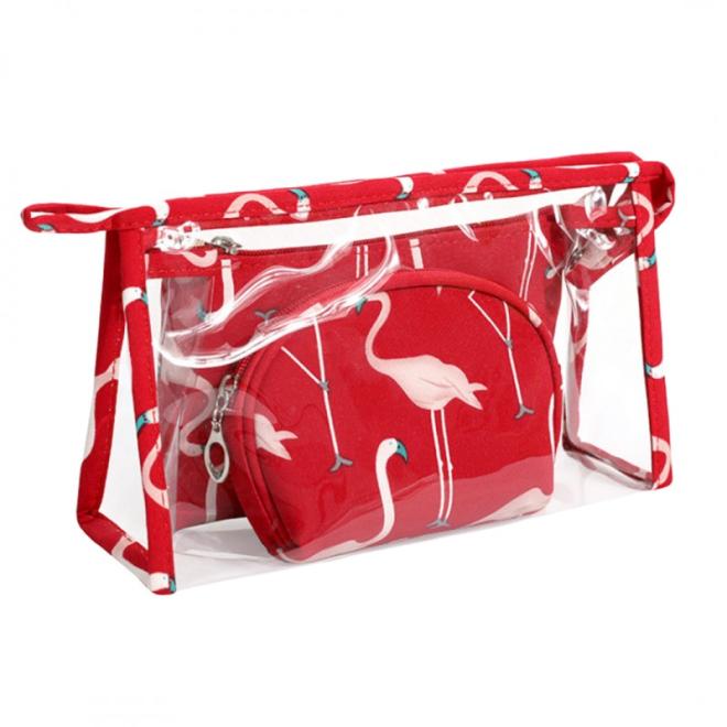 E-shop Červená sada 3 kozmetických tašiek s plameniakmi