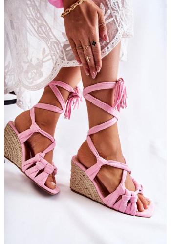 Šnúrovacie ružové sandále na podpätku pre dámy