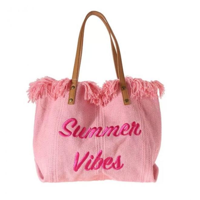 Plážová taška so strapcami v ružovej farbe