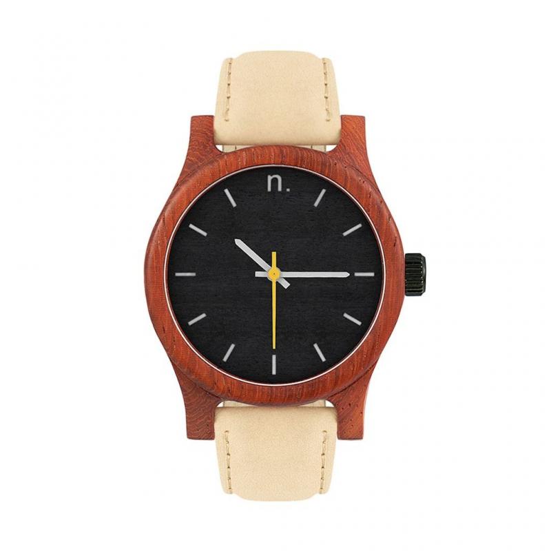E-shop Béžovo-čierne drevené hodinky s koženým remienkom pre dámy