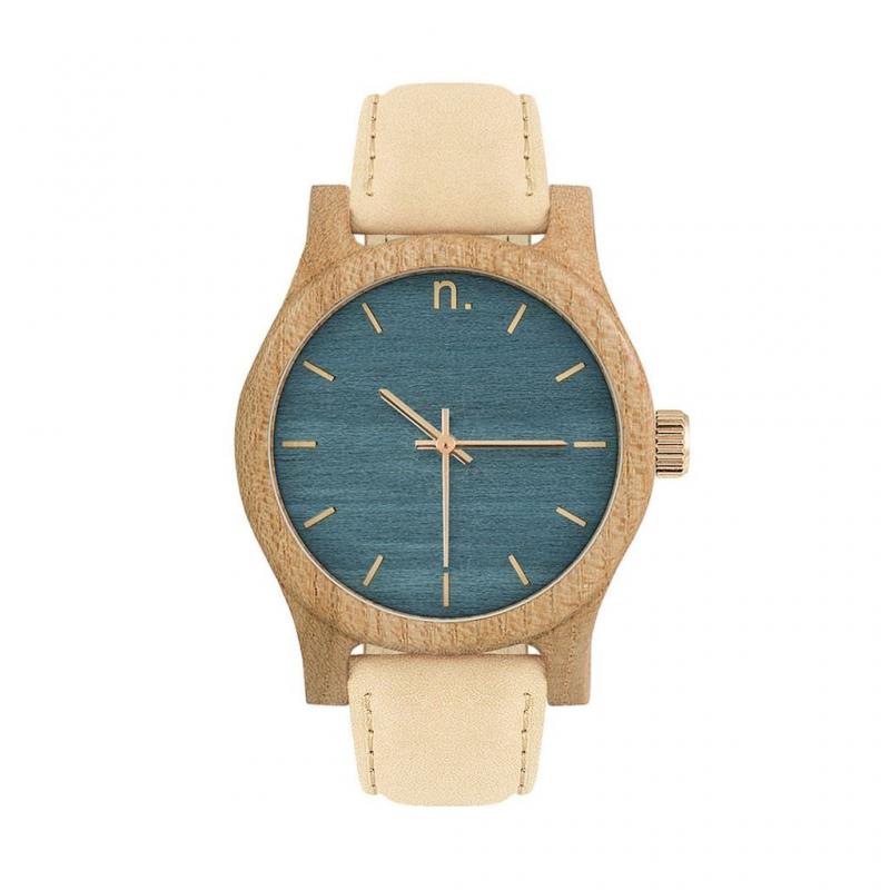 E-shop Dámske drevené hodinky s koženým remienkom v béžovo-modrej farbe